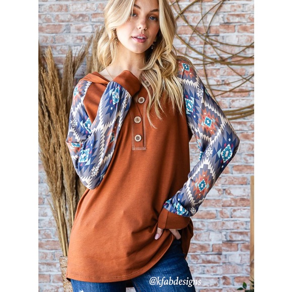 Tops - NEW! V Neck Button Detail Burnt Orange Aztec Contrast Hoodie!